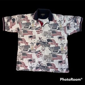 Vtg USA Patriotic Fighter Bomber B17 Polo Style Men’s Sz L Planes Flag Cotton